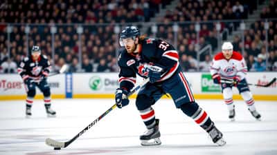Ishockeyforward i mörk tröja för pucken under en SHL-match, arenaljus och publik i bakgrunden