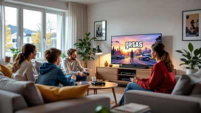 Norsk stue med konsoll og foreldre som diskuterer GTA 6 med tenåring