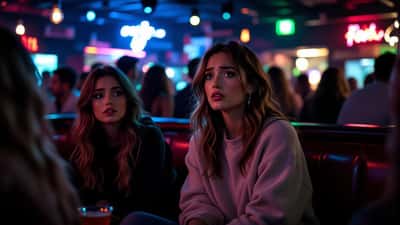 Young woman showing signs of distress at a UK nightclub while friend calls for help