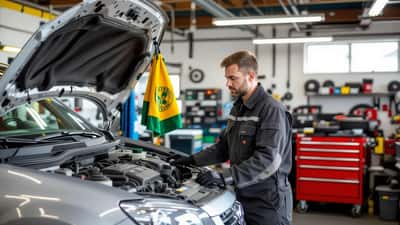 Mechanic checking a car engine before a long road trip, Norwich City scarf on the toolbox
