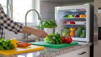 Fresh leafy greens washed under running tap water in a modern Australian home kitchen with a fridge thermometer and colour-coded cutting boards