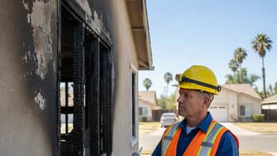 Home inspector examining fire damage on a residential building in San Marcos California