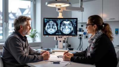 Onkolog og patient gennemgår CT-scanningsbilleder i kræftambulatorium på dansk hospital