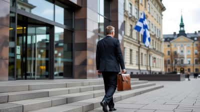 Puvun pukeutunut liikemies nousee ministeriörakennuksen portaita asiakirjakansio kädessään Helsingissä