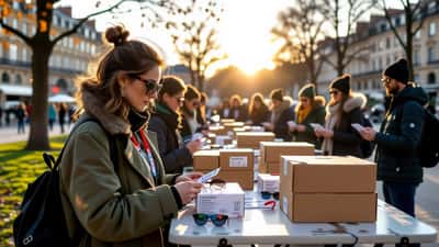 Organisatrice d'événement vérifiant la certification ISO des lunettes d'éclipse solaire dans un parc public