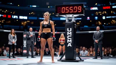 Lutadora de MMA em pesagem oficial de evento profissional com árbitros esportivos ao fundo