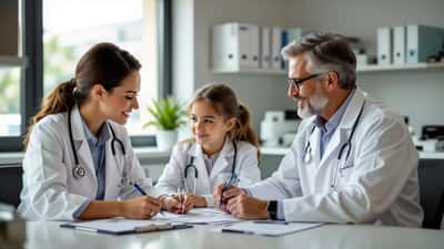Médecin présentant un formulaire de consentement éclairé à des parents dans un service pédiatrique universitaire