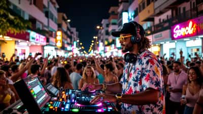 DJ Marlboro em apresentação de funk carioca com multidão e luzes coloridas