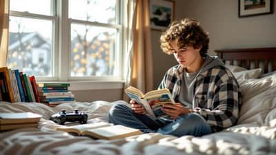 Adolescente hispano leyendo un libro de fantasía LitRPG en su escritorio con controller de videojuego y tareas escolares