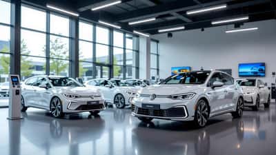 Moderne Volkswagen Elektro- und Hybridmodelle in einem Autoshowroom mit Werkstattelementen, 2026