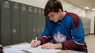 Young Canadian hockey player reviewing professional contract documents in a locker room