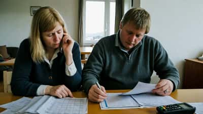 Íslenskt hjón yfirfer mánaðarlegar skuldir og lánaskjöl við borð í Reykjavík 2026