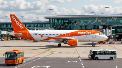 easyJet aircraft on an airport apron with a financial chart overlay representing takeover speculation