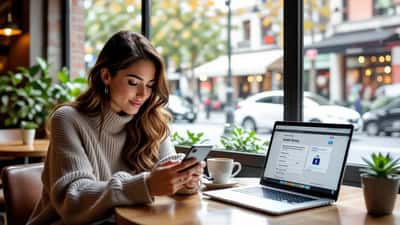 Mulher brasileira olhando para smartphone com banner de pesquisa digital AtlasIntel na tela, café urbano em São Paulo