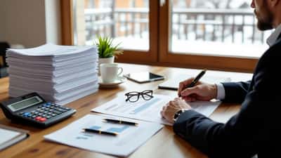 Conseiller en gestion de patrimoine examinant des relevés bancaires gelés et un formulaire de curatelle sur un bureau en Suisse