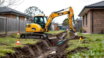 Yellow mini excavator digging a trench in a suburban Australian backyard beside utility warning markings