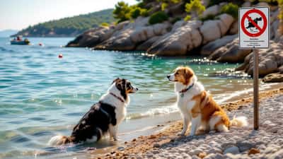 Hund am gesperrten Adriastrand in Kroatien neben einem roten Badeverbot-Warnschild