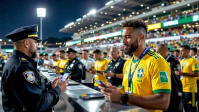 Torcedor brasileiro segura smartphone com ingresso digital na catraca de estádio de futebol enquanto segurança verifica acesso