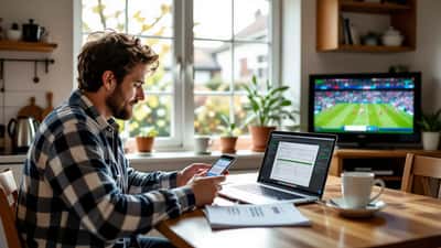 UK football fan checking sports betting app with Premier League match on TV and budget spreadsheet on laptop