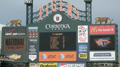 Comerica Park scoreboard showing live game data during a Detroit Tigers home game