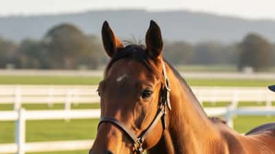 Young chestnut thoroughbred filly in morning training at a Sydney racing stable