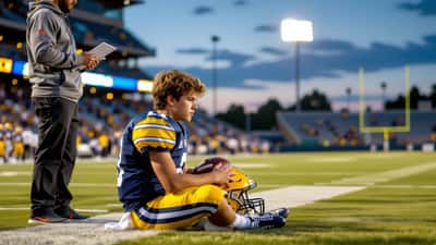 Young college quarterback sitting alone on a stadium bench holding his helmet