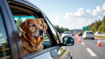 Gispende hund kigger ud af bilrude i kø på dansk motorvej i sommervarme