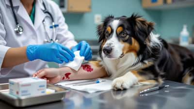 Médecin nettoyant une plaie de morsure de chien sur l'avant-bras d'une patiente dans un cabinet suisse