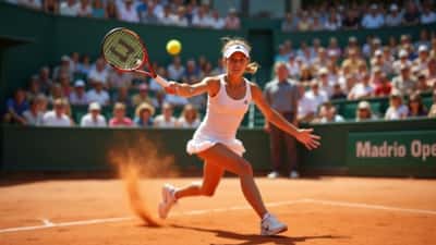 Tenista joven golpeando un revés en tierra batida roja durante el Madrid Open 2026