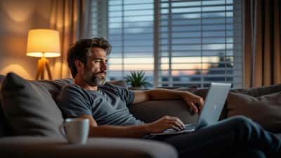 Exhausted Australian man watching La Liga football on laptop at dawn, tired face lit by blue screen glow