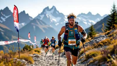 Coureur de trail avec dossard et bâtons sur un sentier rocheux en montagne au lever du jour près de Chamonix lors de l'UTMB 2026
