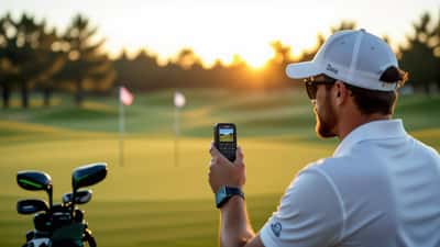 Golfer using a black laser rangefinder to measure distance to a distant flagstick on a sunlit fairway