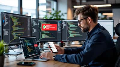 IT-Experte analysiert WhatsApp-Sicherheitswarnung auf Laptop in Hamburg