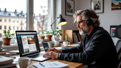 Person i Stockholm granskar misstänkt finansvideo på laptop i hemmakontor – bedragare utnyttjar Dagens Industris varumärke i investeringsbedrägerier