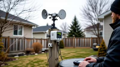 Station météo domestique connectée installée dans une cour arrière au Québec, anémomètre et console Wi-Fi