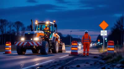 Wegwerker bij nachtelijke werkzaamheden op de provinciale weg N242 in Noord-Holland