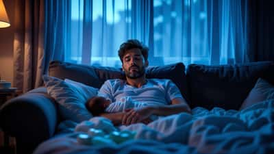 Pai exausto na madrugada com bebé recém-nascido ao colo, expressão de vazio e tristeza em apartamento lisboeta