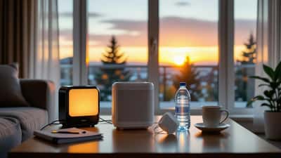Purificateur d'air à filtre HEPA et station électrique portable dans un salon d'Edmonton sous un ciel orangé de fumée de feux de forêt