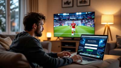 Homme inquiet devant un ordinateur affichant une fausse page de connexion TSN pendant la Coupe du Monde 2026