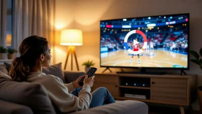 Frustrated Canadian fan holding a remote as a smart TV buffers a blacked-out WNBA game