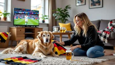 Hund versteckt sich ängstlich unter dem Sofa während eines WM-Fußballabends im deutschen Wohnzimmer