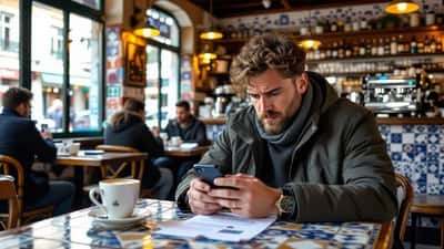 Homem português frustrado a olhar para o telemóvel com app de apostas bloqueada em café de Lisboa