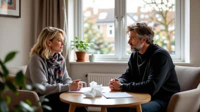 Mental health counsellor listening to a grieving person in a calm UK therapy room