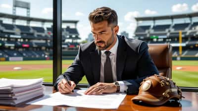 Abogado deportivo revisando contrato de pelotero de MLB con guante de béisbol sobre el escritorio