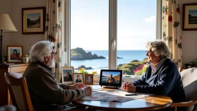 Homme âgé communiquant grâce à une tablette IA en bord de mer breton, accompagné d'un proche