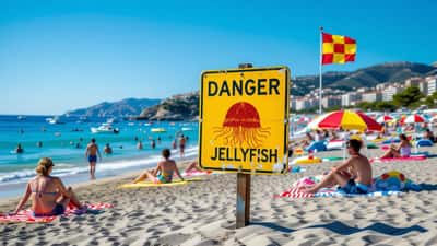 Panneau d'avertissement méduses sur une plage française bondée en plein été