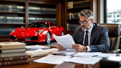 Avocat québécois révisant des documents de saisie avant jugement avec photo de Ferrari sur son bureau à Montréal