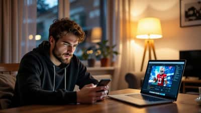 Bezorgde jonge man kijkt 's nachts naar een verdachte deepfake-advertentie met een voetbalster op zijn smartphone