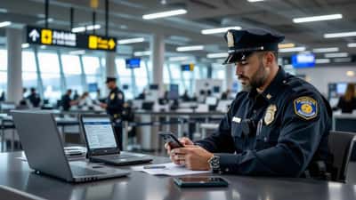 Grenzbeamter kontrolliert das Smartphone eines Reisenden am Einreiseschalter eines US-Flughafens