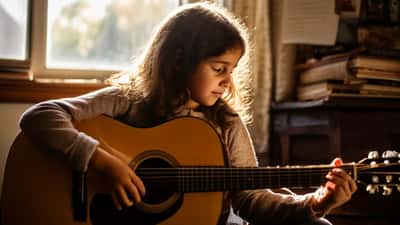 Young girl learning guitar from music teacher in home studio with sheet music and afternoon light